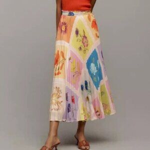 NWT Anthropologie Isobel Silky Pleated Maxi Skirt Medium Multicolor Floral Vibra